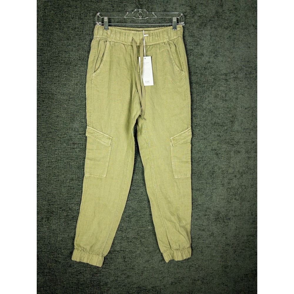 C&C California Womens Linen Cargo Joggers XS Green Drawstring Tapered NWT